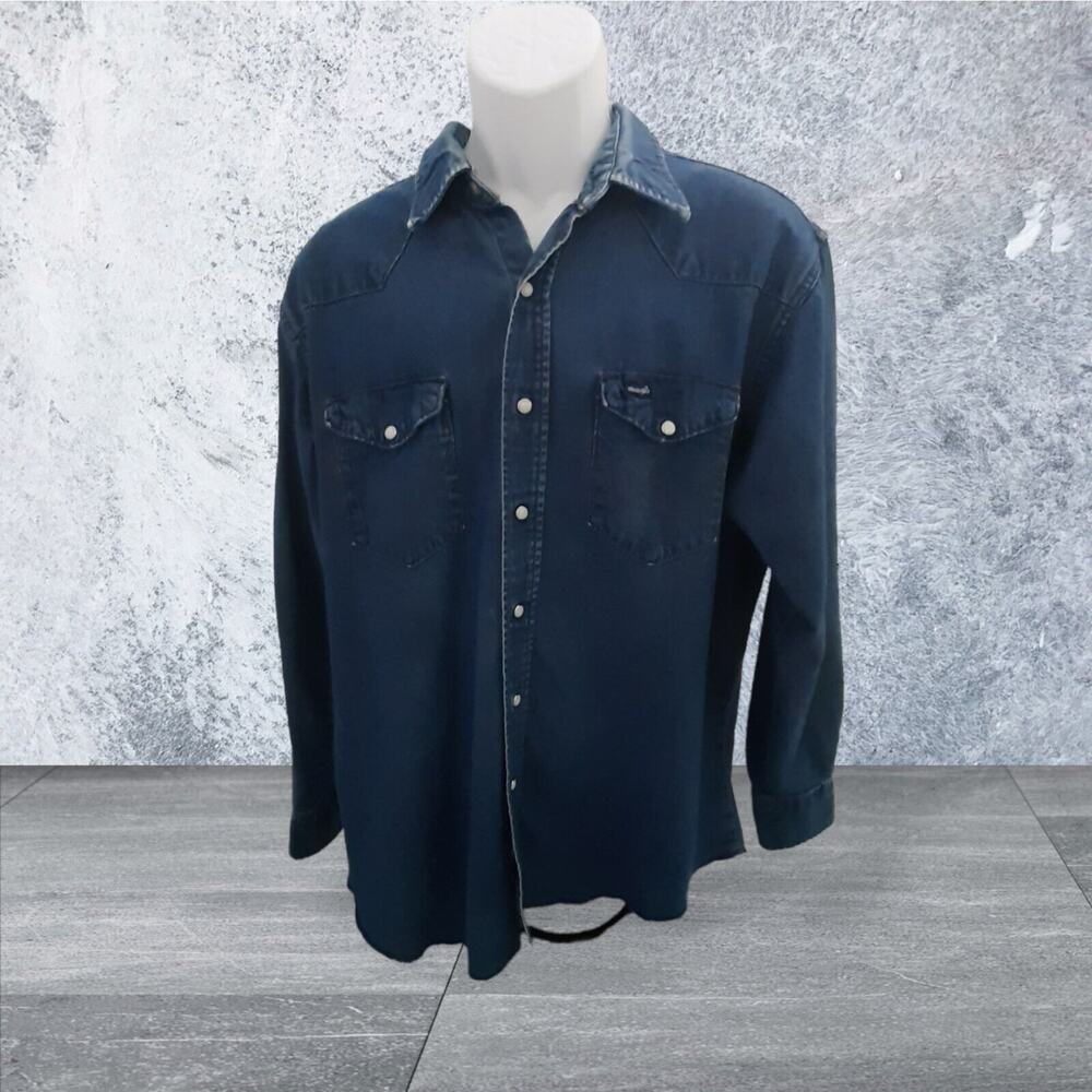 VTG Wrangler Denim Pearl Snap Western Shirt XL X-Long Tails 17 1/2 35 USA 90s - Picture 9 of 11